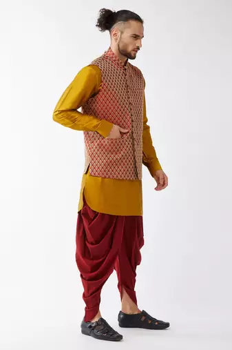 Mustard And Maroon Silk Blend Jacket, Kurta And Dhoti Set