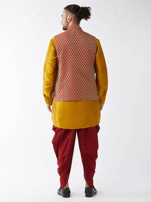Mustard And Maroon Silk Blend Jacket, Kurta And Dhoti Set 3