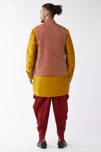 Mustard And Maroon Silk Blend Jacket, Kurta And Dhoti Set
