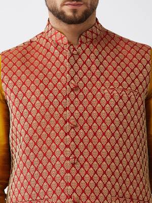 Mustard And Maroon Silk Blend Jacket, Kurta And Dhoti Set 4