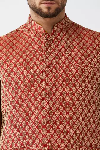 Mustard And Maroon Silk Blend Jacket, Kurta And Dhoti Set