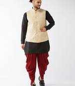Black, Cream And Maroon Silk Blend Jacket, Kurta And Dhoti Set
