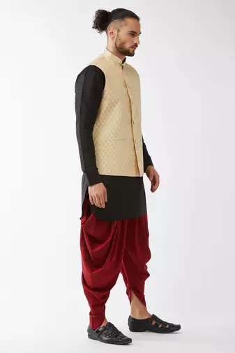 Black, Cream And Maroon Silk Blend Jacket, Kurta And Dhoti Set