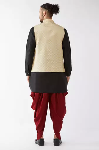 Black, Cream And Maroon Silk Blend Jacket, Kurta And Dhoti Set