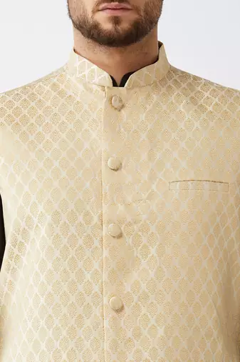 Black, Cream And Maroon Silk Blend Jacket, Kurta And Dhoti Set