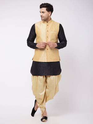 Black And Gold Silk Blend Jacket, Kurta And Dhoti Set 1