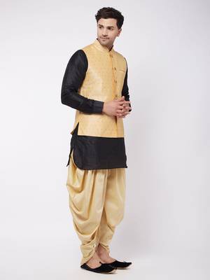 Black And Gold Silk Blend Jacket, Kurta And Dhoti Set 2