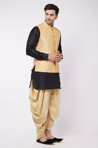 Black And Gold Silk Blend Jacket, Kurta And Dhoti Set