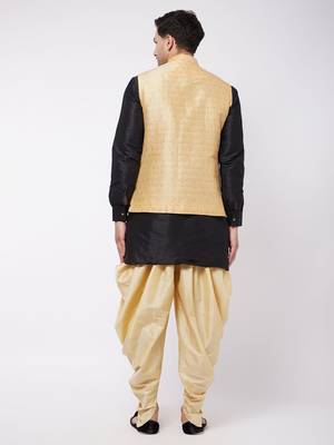 Black And Gold Silk Blend Jacket, Kurta And Dhoti Set 3