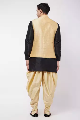Black And Gold Silk Blend Jacket, Kurta And Dhoti Set