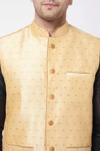 Black And Gold Silk Blend Jacket, Kurta And Dhoti Set