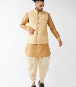 Men'S Rose Gold And Gold Silk Blend Jacket, Kurta And Dhoti Set