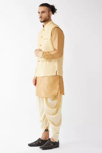 Rose Gold And Gold Silk Blend Jacket, Kurta And Dhoti Set