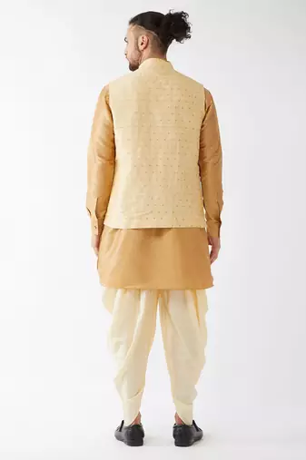 Rose Gold And Gold Silk Blend Jacket, Kurta And Dhoti Set