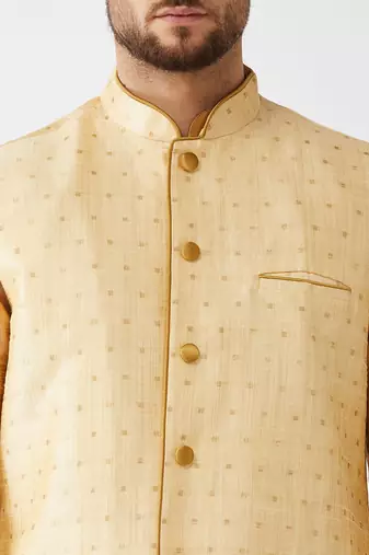 Rose Gold And Gold Silk Blend Jacket, Kurta And Dhoti Set