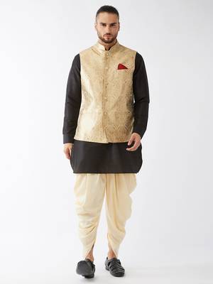 Black, Rose Gold And Gold Silk Blend Jacket, Kurta And Dhoti Set 1