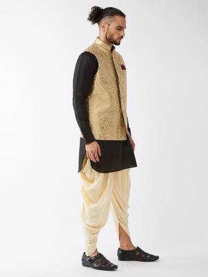 Black, Rose Gold And Gold Silk Blend Jacket, Kurta And Dhoti Set 2