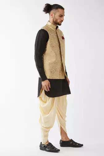 Black, Rose Gold And Gold Silk Blend Jacket, Kurta And Dhoti Set