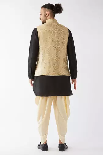 Black, Rose Gold And Gold Silk Blend Jacket, Kurta And Dhoti Set