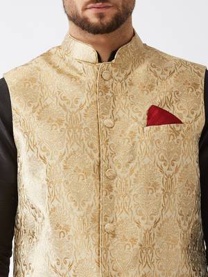 Black, Rose Gold And Gold Silk Blend Jacket, Kurta And Dhoti Set 4