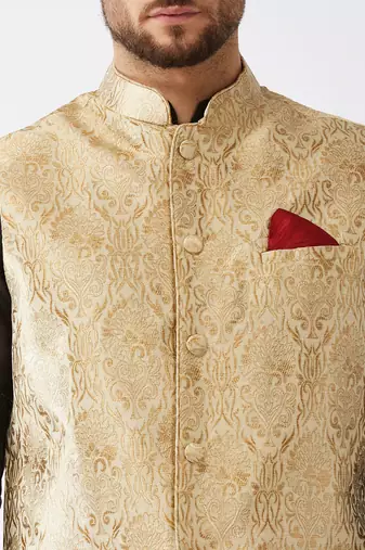 Black, Rose Gold And Gold Silk Blend Jacket, Kurta And Dhoti Set