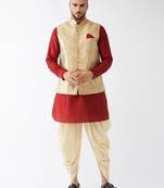 Maroon, Rose Gold And Gold Silk Blend Jacket, Kurta And Dhoti Set