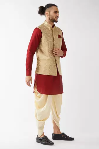 Maroon, Rose Gold And Gold Silk Blend Jacket, Kurta And Dhoti Set