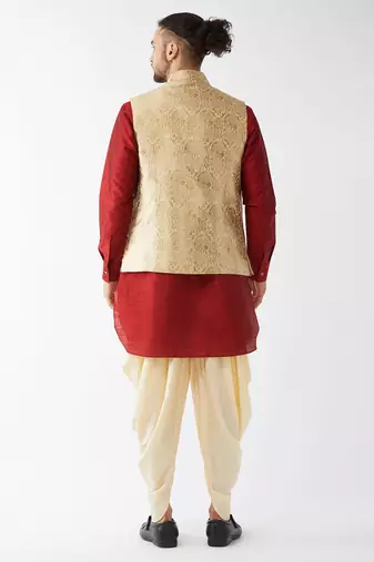 Maroon, Rose Gold And Gold Silk Blend Jacket, Kurta And Dhoti Set
