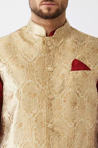 Maroon, Rose Gold And Gold Silk Blend Jacket, Kurta And Dhoti Set