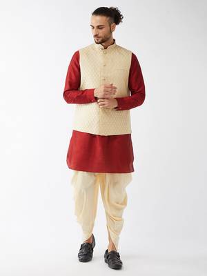 Maroon, Cream And Gold Silk Blend Jacket, Kurta And Dhoti Set 1