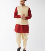Maroon, Cream And Gold Silk Blend Jacket, Kurta And Dhoti Set
