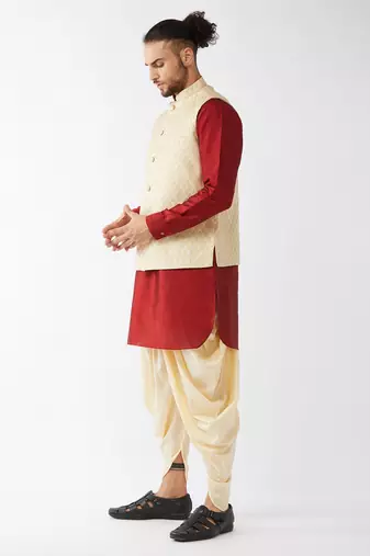 Maroon, Cream And Gold Silk Blend Jacket, Kurta And Dhoti Set