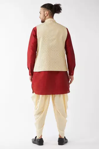 Maroon, Cream And Gold Silk Blend Jacket, Kurta And Dhoti Set