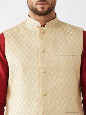 Maroon, Cream And Gold Silk Blend Jacket, Kurta And Dhoti Set 4