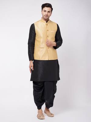 Gold And Black Silk Blend Jacket, Kurta And Dhoti Set 1