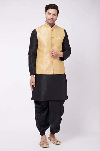 Men'S Gold And Black Silk Blend Jacket, Kurta And Dhoti Set