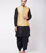 Men'S Gold And Black Silk Blend Jacket, Kurta And Dhoti Set