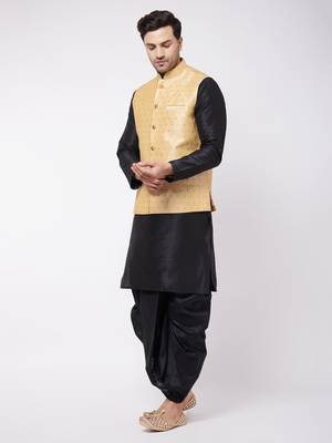 Gold And Black Silk Blend Jacket, Kurta And Dhoti Set 2