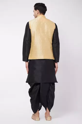 Gold And Black Silk Blend Jacket, Kurta And Dhoti Set
