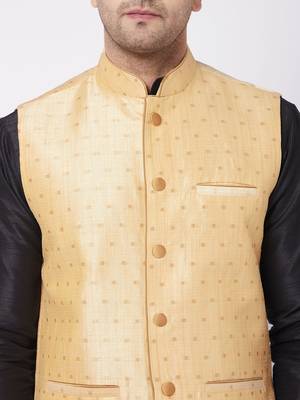 Gold And Black Silk Blend Jacket, Kurta And Dhoti Set 4