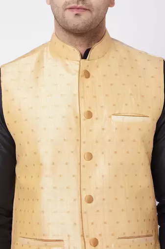 Gold And Black Silk Blend Jacket, Kurta And Dhoti Set