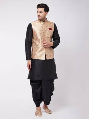 Gold And Black Silk Blend Jacket, Kurta And Dhoti Set 1