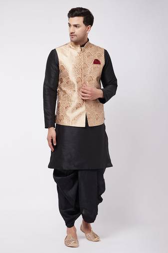 Men'S Gold And Black Silk Blend Jacket, Kurta And Dhoti Set