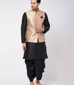 Men'S Gold And Black Silk Blend Jacket, Kurta And Dhoti Set