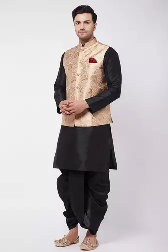 Gold And Black Silk Blend Jacket, Kurta And Dhoti Set
