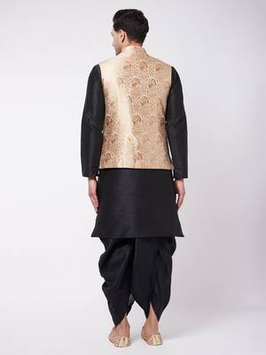 Gold And Black Silk Blend Jacket, Kurta And Dhoti Set 3