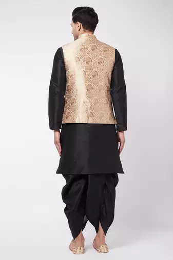 Gold And Black Silk Blend Jacket, Kurta And Dhoti Set