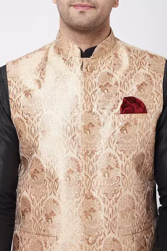 Gold And Black Silk Blend Jacket, Kurta And Dhoti Set
