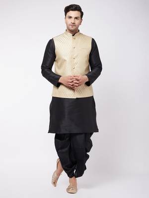 Cream And Black Silk Blend Jacket, Kurta And Dhoti Set 1