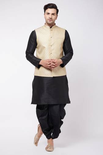 Men'S Cream And Black Silk Blend Jacket, Kurta And Dhoti Set